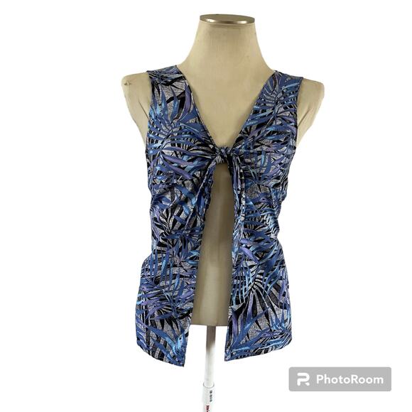 Aloha Hut Hawaii Blue Palm Print Tie Front Bow Blouse Women's Size L - Picture 1 of 9